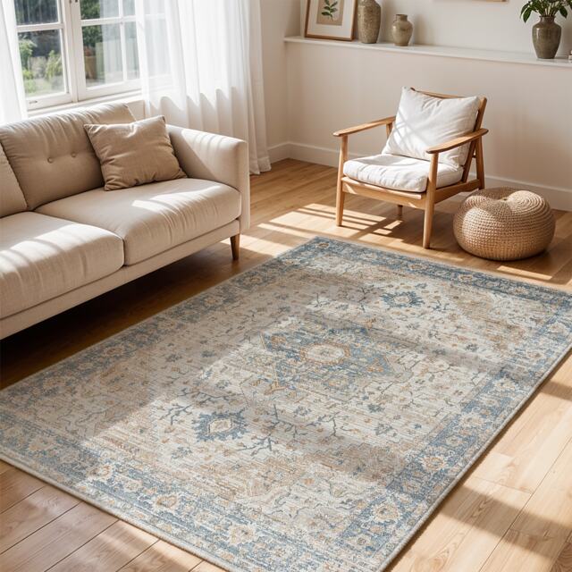 LIVABLISS Lillian-Washable Traditional Vintage Boho Rug 140 x 200 cm Blue Brown