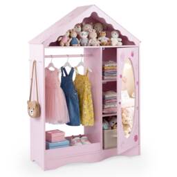 Kids Dress Up Storage with Mirror, Roofed Wardrobe Closet with Open Hanging Rack, Shelves and Hooks for Children, Kids Armoire and Costume Organizer for Bedroom, Kids Room, Playroom, White