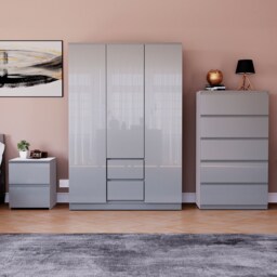 Vida Designs Glinton 3 Piece FSC Certified Bedroom Set (2 Drawer Bedside Chest, 5 Drawer Chest, 3 Door 2 Drawer Wardrobe), Grey Grey Grey