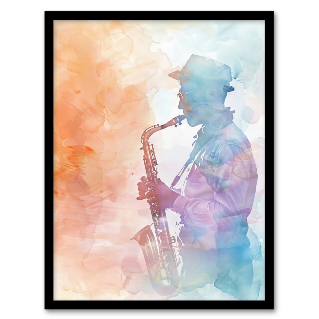 Jazz Saxophonist Rainbow Smoke Light Home Decor Black Framed Wall Art Print A4