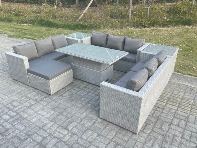 Fimous U Shape Lounge Rattan Garden Furniture Set Height Adjustable Rising Lifting Table Dining Set With 2 PC Side Coffee Table Footstool
