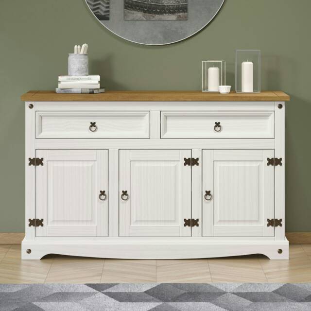Corona Premium Medium Sideboard - 2 Wide Drawers and 3 Doors with Adjustable Shelf in Antique, Grey or White Wax White White One Size 1
