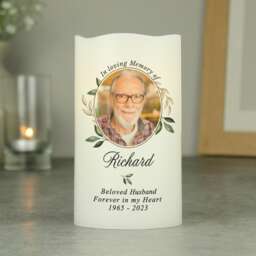 Personalised Botanical Memorial Photo Upload LED Candle Cream