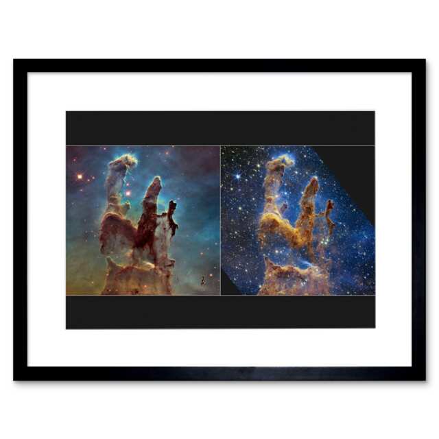 "NASA Webb Hubble Comparison Telescope Pillars of Creation 9x7"" Black Framed Wall Art Print"