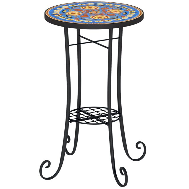 Outsunny Mosaic Garden Table, 35.5 cm Round Outdoor Table with Shelf, Ceramic Tile Top, Small Garden Side Table Bistro Table End Table Plant Stand for Indoor, Patio, Balcony, Blue Blue Blue