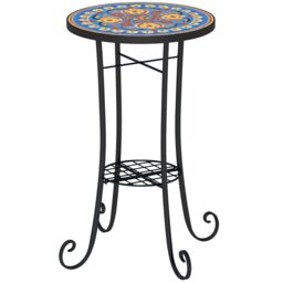 Outsunny Mosaic Garden Table, 35.5 cm Round Outdoor Table with Shelf, Ceramic Tile Top, Small Garden Side Table Bistro Table End Table Plant Stand for Indoor, Patio, Balcony, Blue Blue Blue