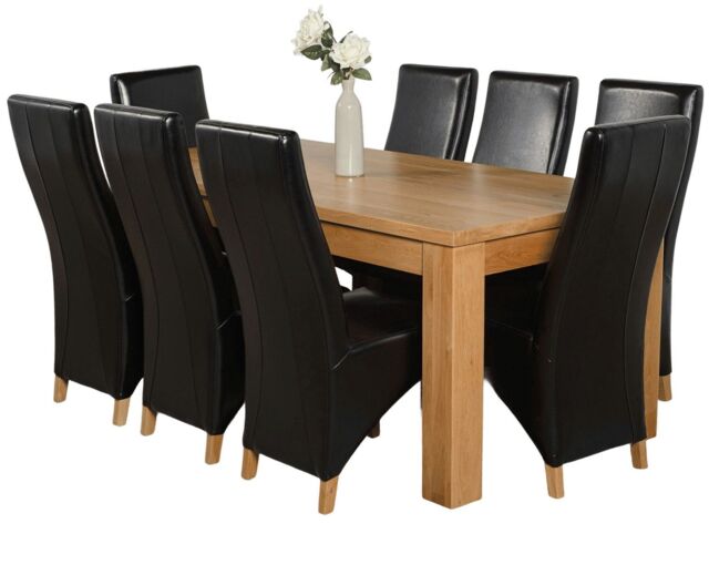 Dakota 182 x 92cm Oak Large Dining Table and 8 Lola Leather Chairs Black Black