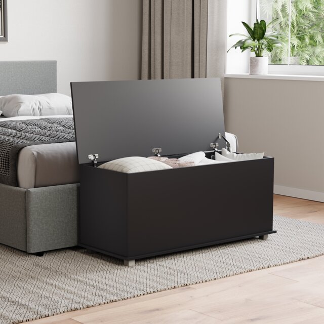 Vida Designs Leon Storage Ottoman Bedroom Hallway Chest Bench, Black Black Black