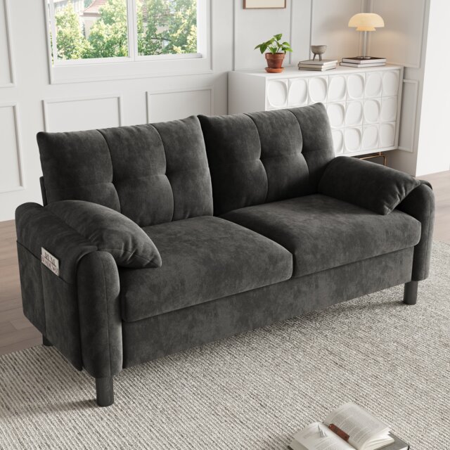 Compact 2 Seater Chenille Sofa with Pillow-Style Arms and Side Pockets, Grey