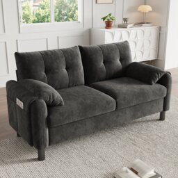 Compact 2 Seater Chenille Sofa with Pillow-Style Arms and Side Pockets, Grey