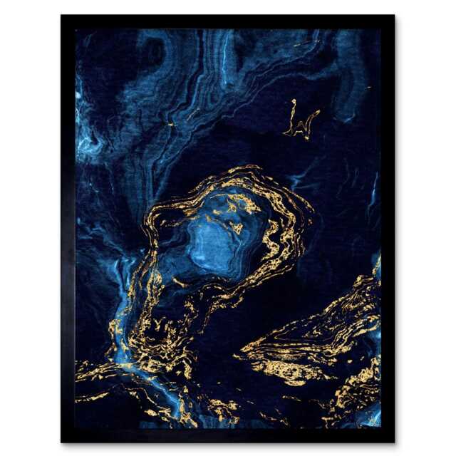 "Abstract Dark Blue Gold Waves Living Room 12x16"" Framed Wall Art Print"