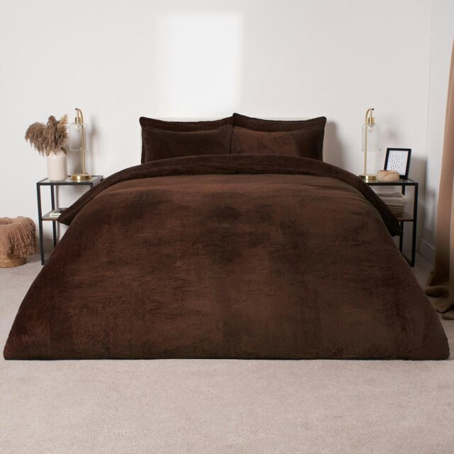 OHS Teddy Fleece Ultra Soft Duvet Cover and Pillowcase Set, King - Chocolate