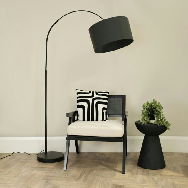 ValueLights Louis Black Arched Curved Floor Lamp Charcoal Shade and Bulb