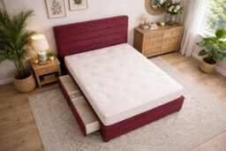 Divan Bed Set Headboard and Footboard with Mattress 2ft6 Small Single Maroon Suede Storage 2 Drawers Left Side Laying in Bed