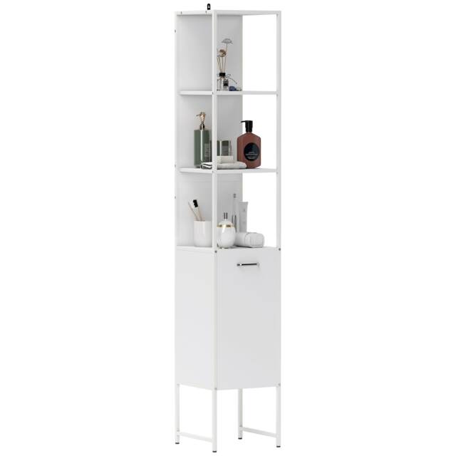 HOMCOM Tall Bathroom Cabinet with 3 Open Shelves Adjustable Shelf, White White