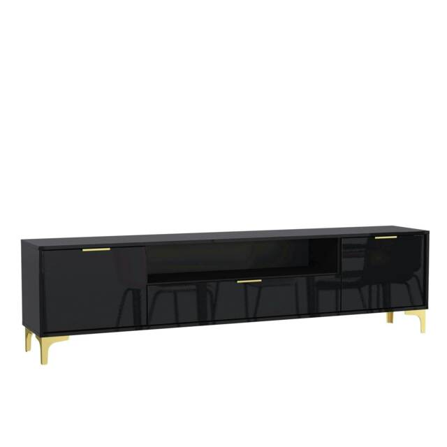TV Unit 200cm Black Gloss Doors with Gold Legs and Centre Drawer Black One Size 1