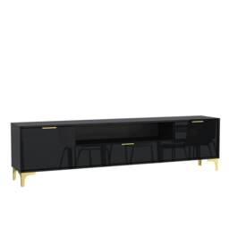 TV Unit 200cm Black Gloss Doors with Gold Legs and Centre Drawer Black One Size 1