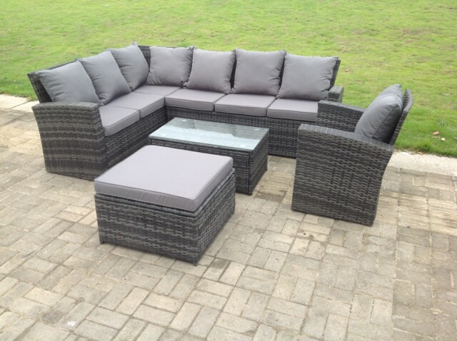 Fimous 8 Seater High Back Rattan Garden Furniture Set Corner Sofa With Oblong Coffee Table Big Footstool