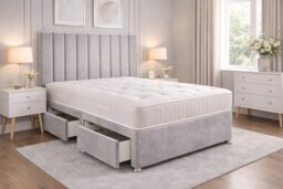 Silver 4ft small double plush divan bed with mattress and headboard No Drawers