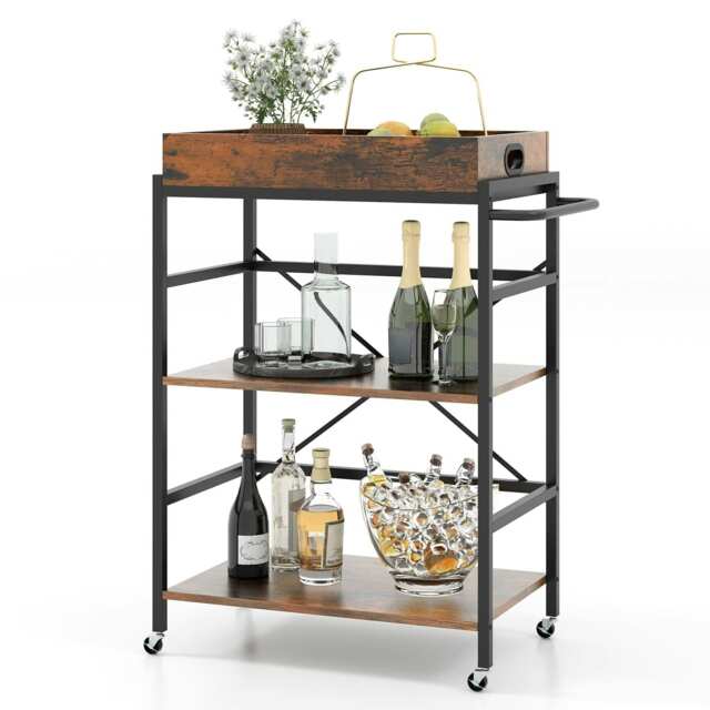 COSTWAY Kitchen 3-Tier Bar Cart Serving Cart w/Detachable Tray