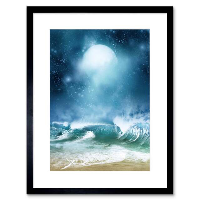 "Beach Waves Full Moon Dreamy Digital Collage 9x7"" Black Framed Wall Art Print"