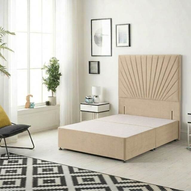 Sunburst Divan Bed with 54'' Floor Standing Headboard Plush Velvet Brown Beige