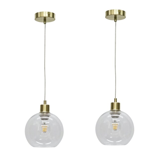 Set of 2 Barnum - Clear Glass Globe with Satin Brass Pendant Fittings Clear Clear 2