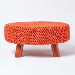 Homescapes Burnt Orange Large Round Cotton Knitted Footstool on Legs