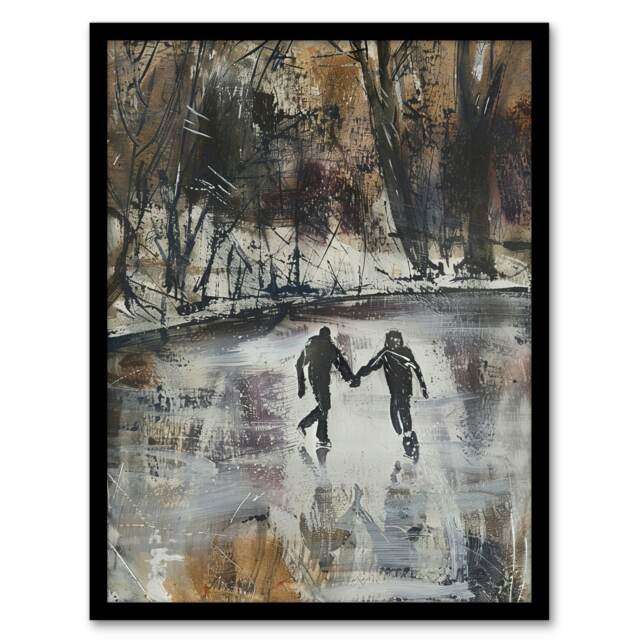 Skaters Frozen Lake Winter Dark Ice Skating Home Decor Black Framed Wall Art Print A4