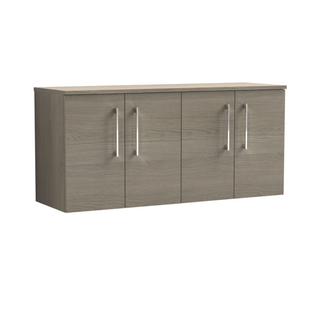 Balterley Level Modern Bathroom Wall Hung 4-Door Vanity Unit with Worktop, Soft Close Doors Brown Grey Vicenza Oak