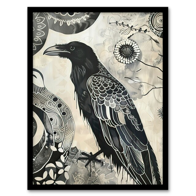 Raven Bird Magic Gothic Symbolic Living Room Black Framed Wall Art Print A4