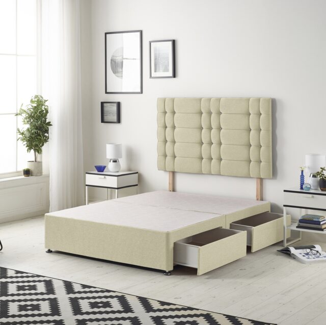 Astoria Divan Bed Base with 2 Drawers & 30 Inch Diamante Headboard in Linen Fabric Yellow Beige Small Double
