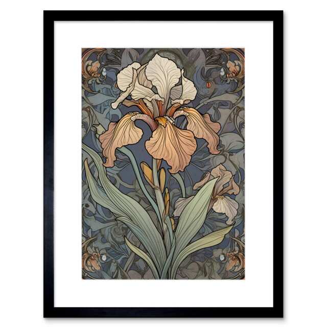 "Art Nouveau Style Iris Bloom Flower Watercolour 9x7"" Black Framed Wall Art Print"