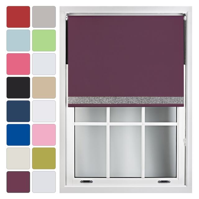 FURNISHED Blackout Roller Blinds with Silver Glitter Trim Made to Measure Purple Aubergine (W) 150cm x (L) 165cm
