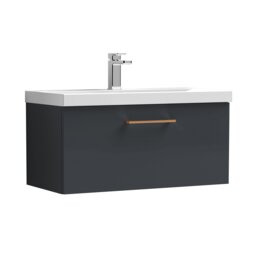 Balterley Wall Hung Bathroom 1 Drawer Vanity Unit and 1 Tap Hole Ceramic Basin, with Handle Grey Soft Black