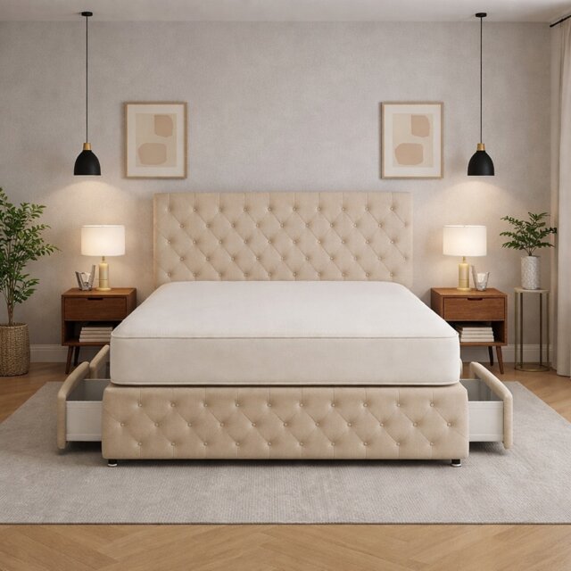 Chesterfield Divan bed in coffee plush 2ft6 small single bed set with 2 Drawers Right Side Laying in Bed