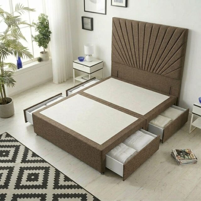 Sunburst Divan Bed with 4 Drawers & 54'' Floor Standing Headboard Tweed Fabric Brown Coffee
