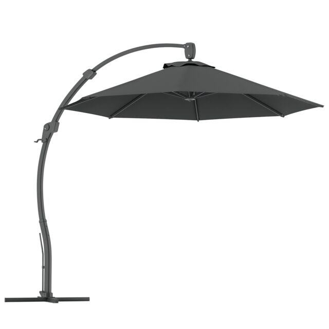 Outsunny 3m Garden Cantilever Parasol, Round Overhanging Umbrella with Crank Handle, Cross Base, Aluminium Frame and 360 Rotation, Banana Patio Umbrella for Outdoor Sun Shade, Grey Grey