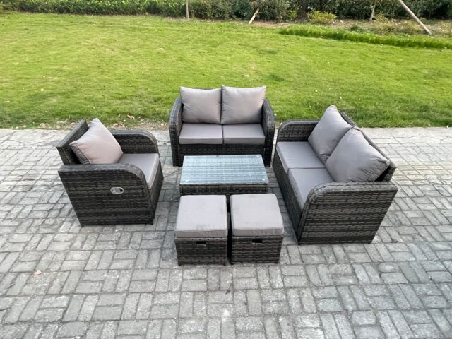 Fimous High Back Rattan Garden Furniture Set with Loveseat Sofa Rectangular Coffee Table 2 Small Footstools Indoor Outdoor Patio Lounge Sofa Set Dark Grey Mixed