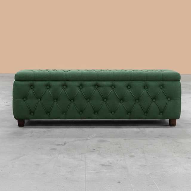 90cm Riga Ottoman Storage Box with Wooden Legs, Forest Green Velvet Upholstered Chesterfield Storage Ottoman Box