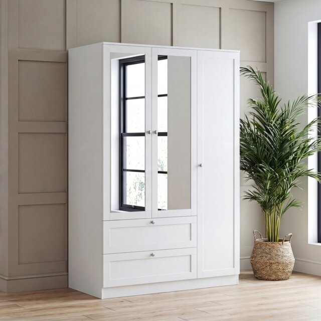 Vida Designs Altino White 3 Door 2 Drawer Mirrored Wardrobe with Hanging Rail - H: 170cm x W: 116cm x D: 53cm
