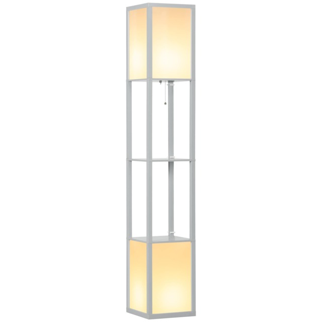 HOMCOM Floor Lamp with Shelves and Dual Light, Modern Corner Standing Lamp with TC Fabric Lampshade for Living Room, Bedroom, Bulb not Included, Light Grey