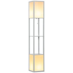 HOMCOM Floor Lamp with Shelves and Dual Light, Modern Corner Standing Lamp with TC Fabric Lampshade for Living Room, Bedroom, Bulb not Included, Light Grey