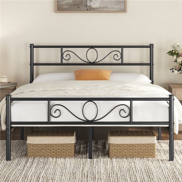 Yaheetech 190 cm L × 135 cm W Metal Platform Bed with Scroll Design Headboard Black
