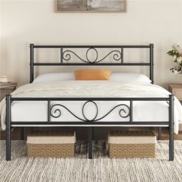 Yaheetech 190 cm L × 135 cm W Metal Platform Bed with Scroll Design Headboard Black