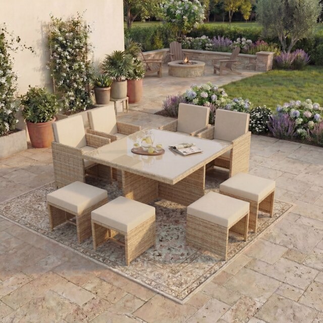 Garden Vida Cuba 8 Seater Rattan Set Folding Chair Stool Dining Table Outdoor Garden Furniture, Natural