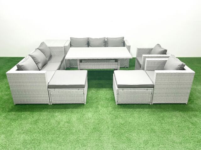 Fimous Rattan Garden Furniture Set Outdoor 8 Seater Patio Dinin g Sofa Sets with Dining Table 2 Chairs Side Table 2 Big Footstools Light Grey Mixed