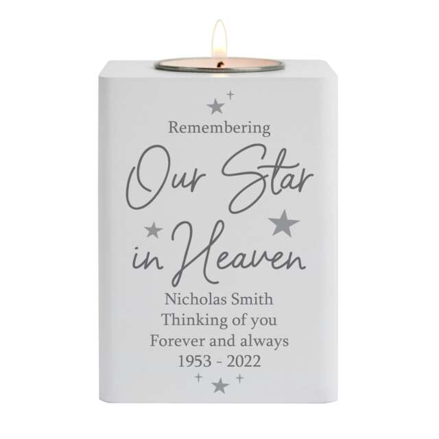 Personalised Our Star In Heaven White Wooden Tea light Holder White