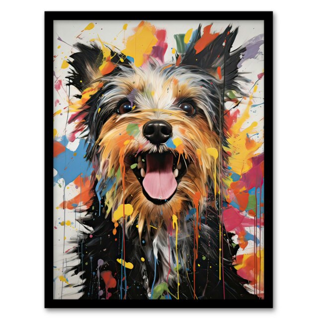 Colourful Yorkshire Terrier Dog Yellow Pink Black Framed Wall Art Print A4