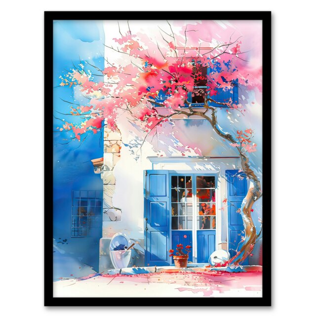 Flowering Bougainvillea Boho Mykonos Home Decor Black Framed Wall Art Print A4